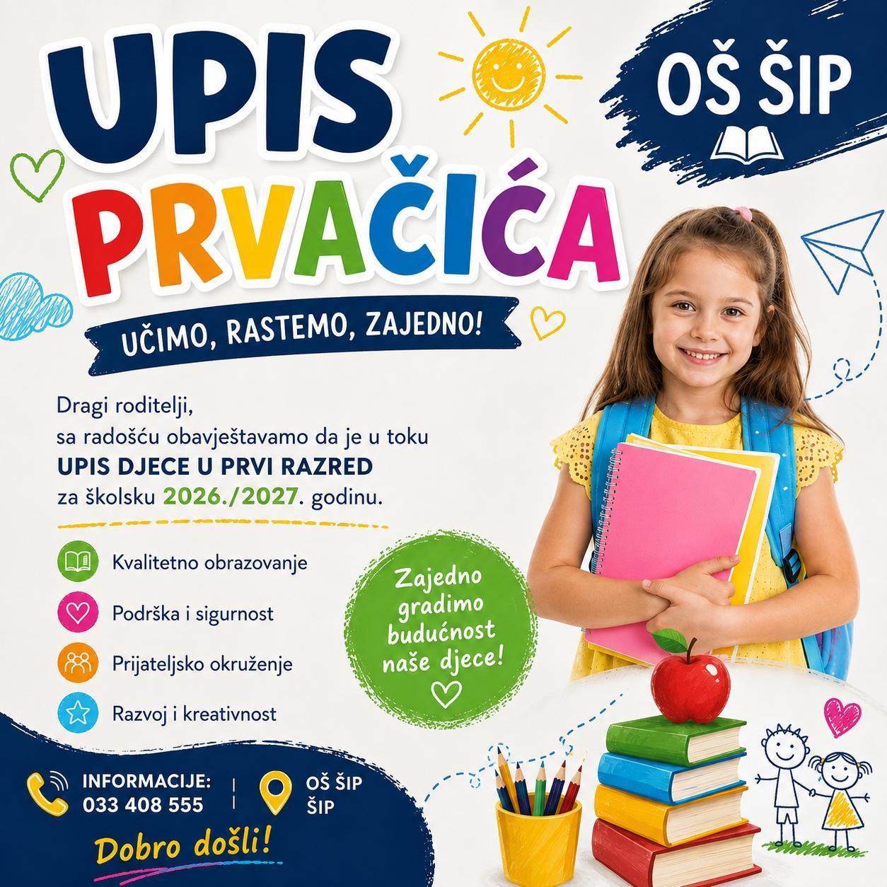 Upis djece u prvi razred osnovne škole za školsku 2026/2027. godinu